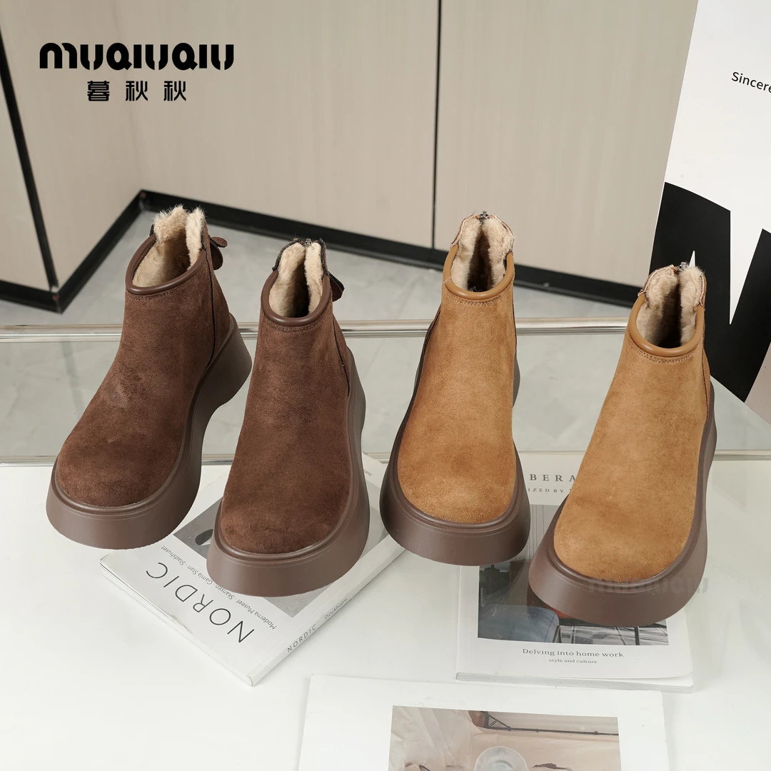 2024冬季新款圆头显瘦保暖时尚雪地靴厚底加绒加厚防滑增高短靴女