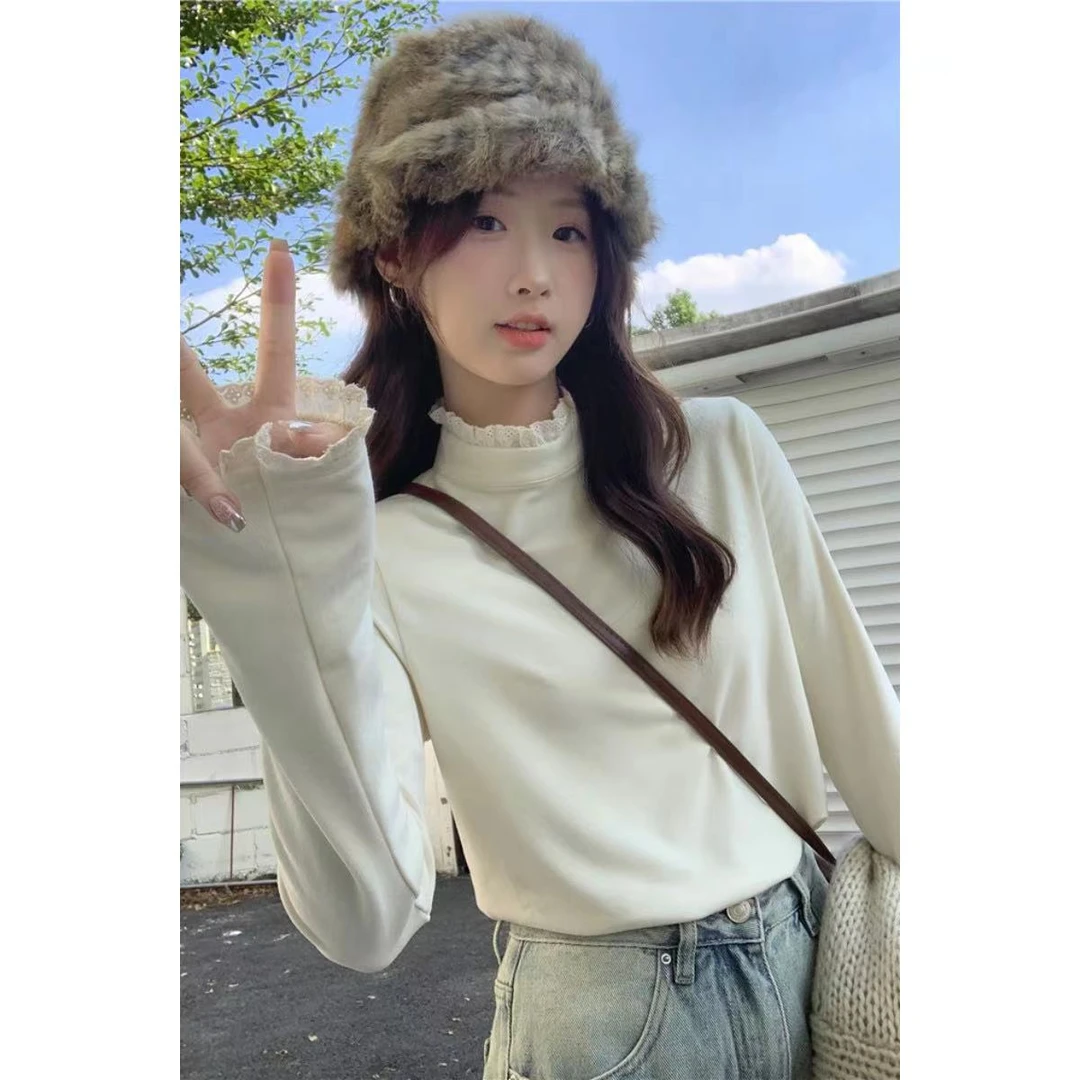 半高领打底衫女冬季设计感内搭蕾丝花边套头德绒加厚t恤纯色上衣