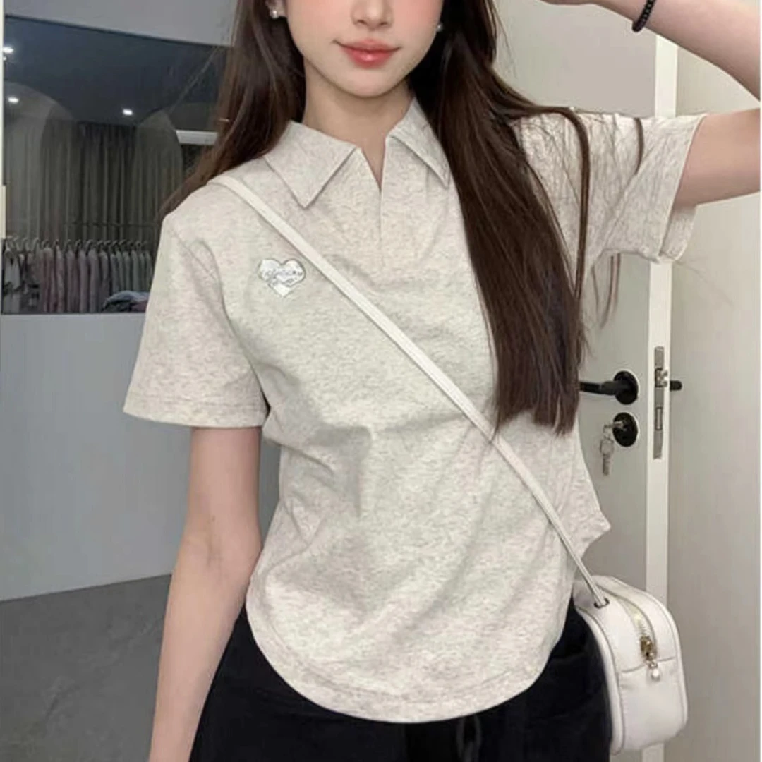 正肩花灰色polo领短袖t恤女夏季翻领不规则设计感修身短款上衣ins
