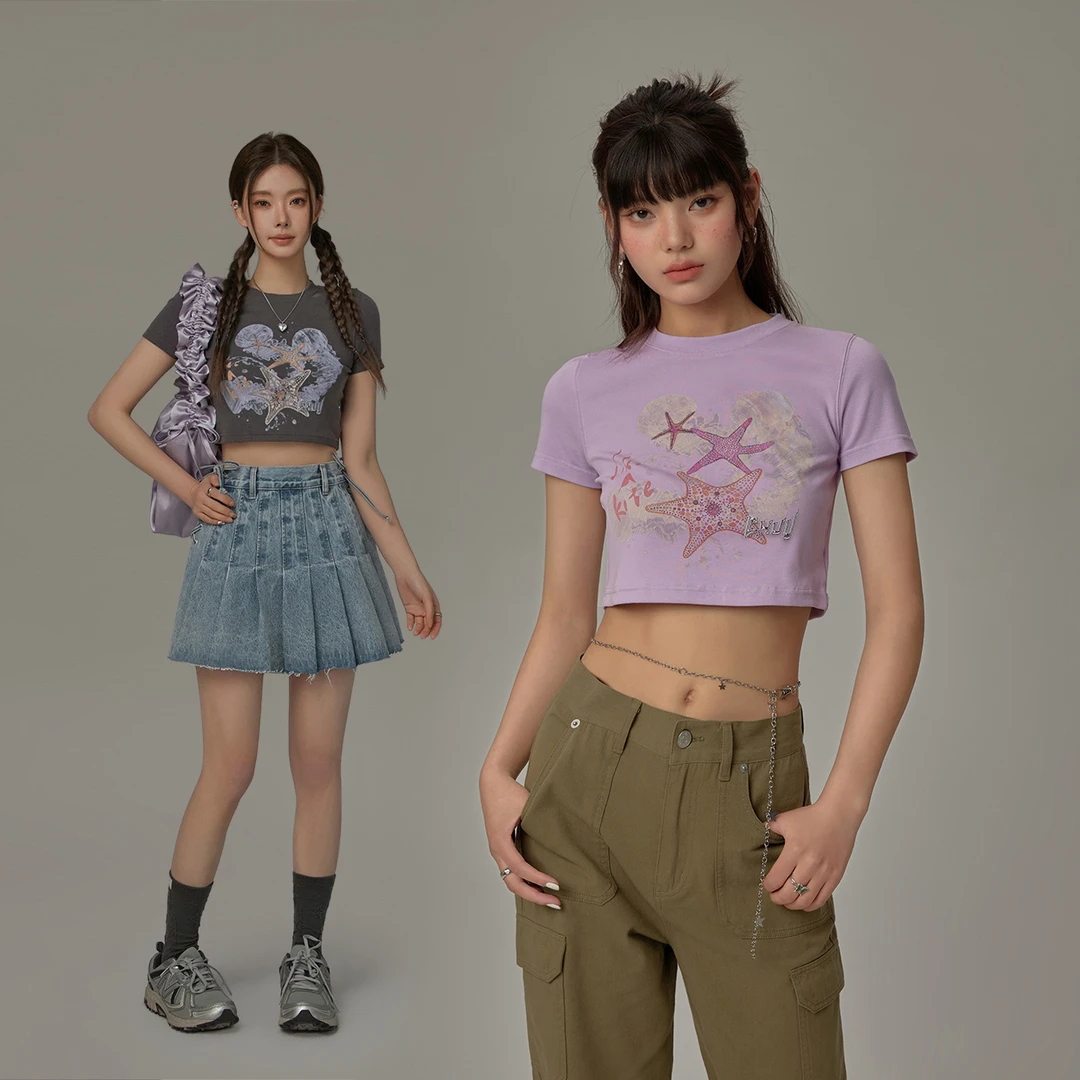 D047【金拐子专属】CHUU系带铆钉设计直筒复古辣妹T恤-F