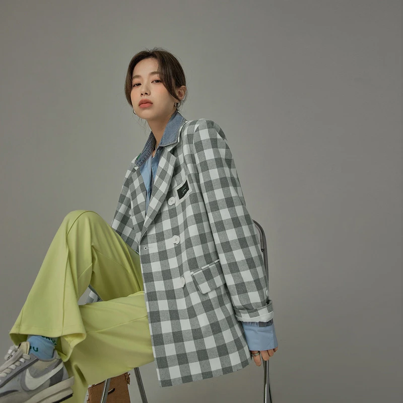 3304【马琦尧专属】CHUU格纹双排扣休闲黑白格长袖西装-Y