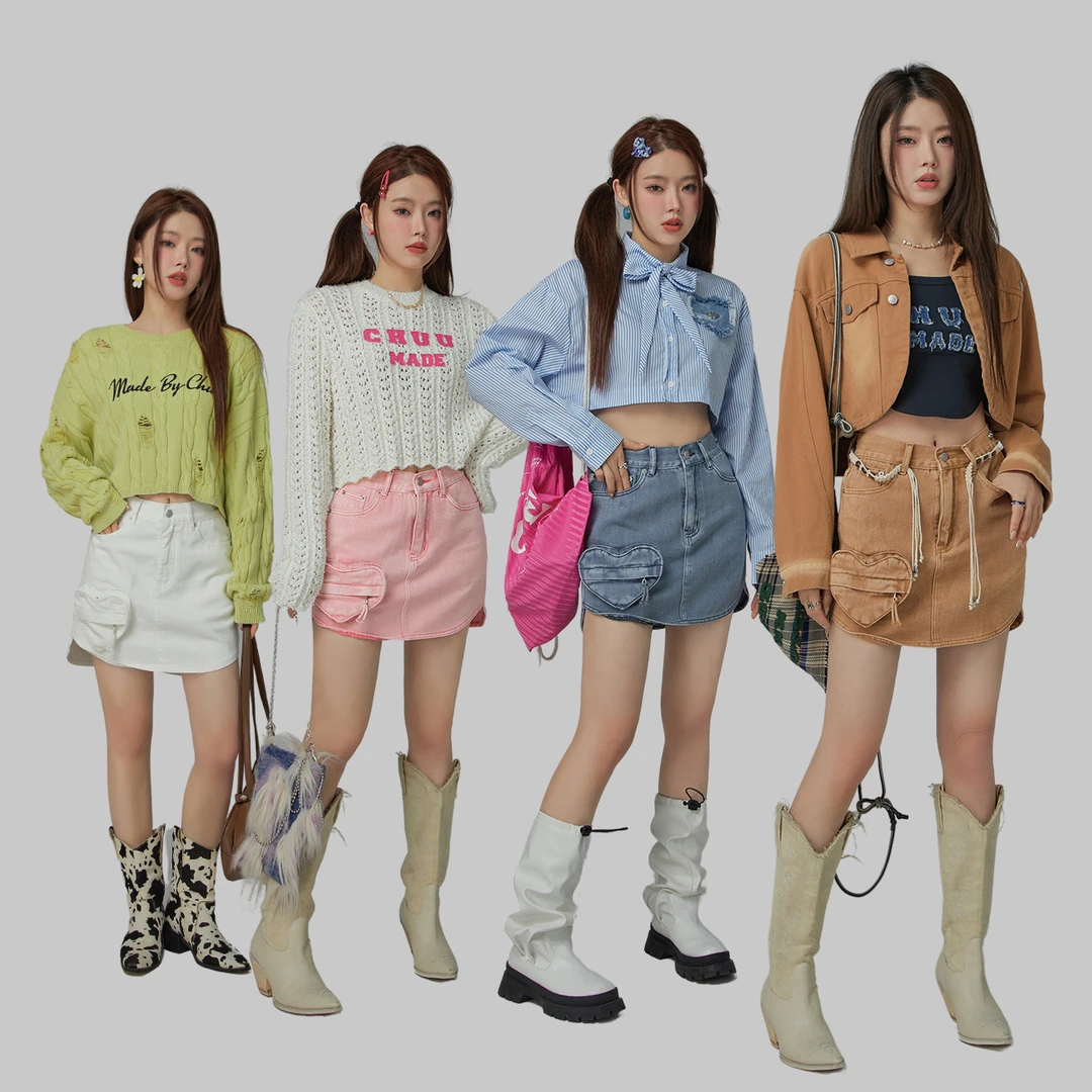 B002【金拐子专属】CHUU高腰口袋a字爱心牛仔半身裙-F