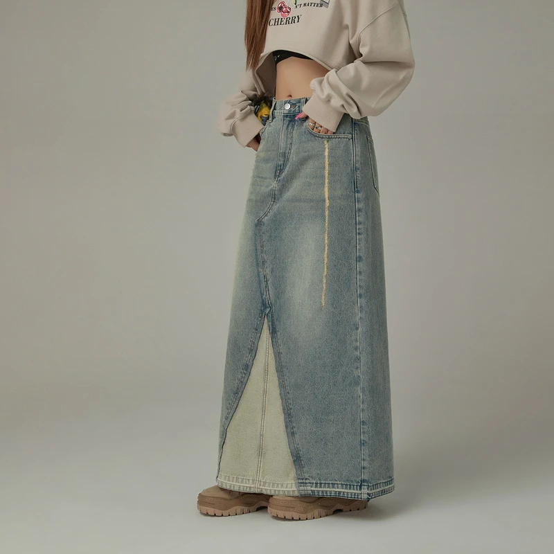 G003【金拐子专属】CHUU磨破撞色设计直筒做旧高腰半身裙-F