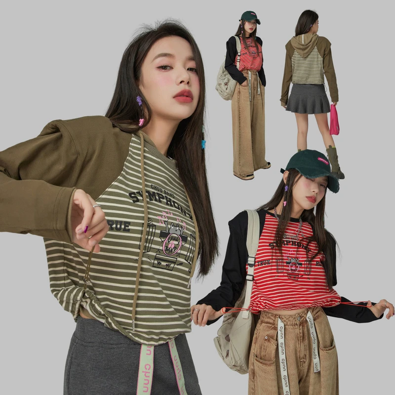 4313【金拐子专属】CHUU设计感休闲上衣女时尚条纹抽绳T恤-F