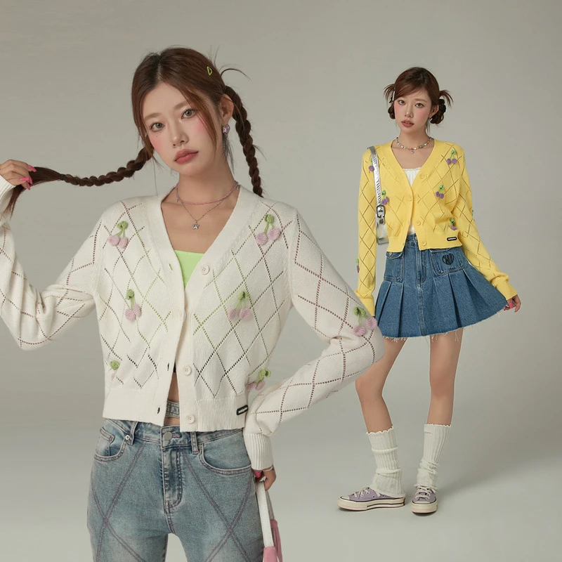 H007【金拐子专属】CHUU小樱桃镂空设计感宽松针织外套-F