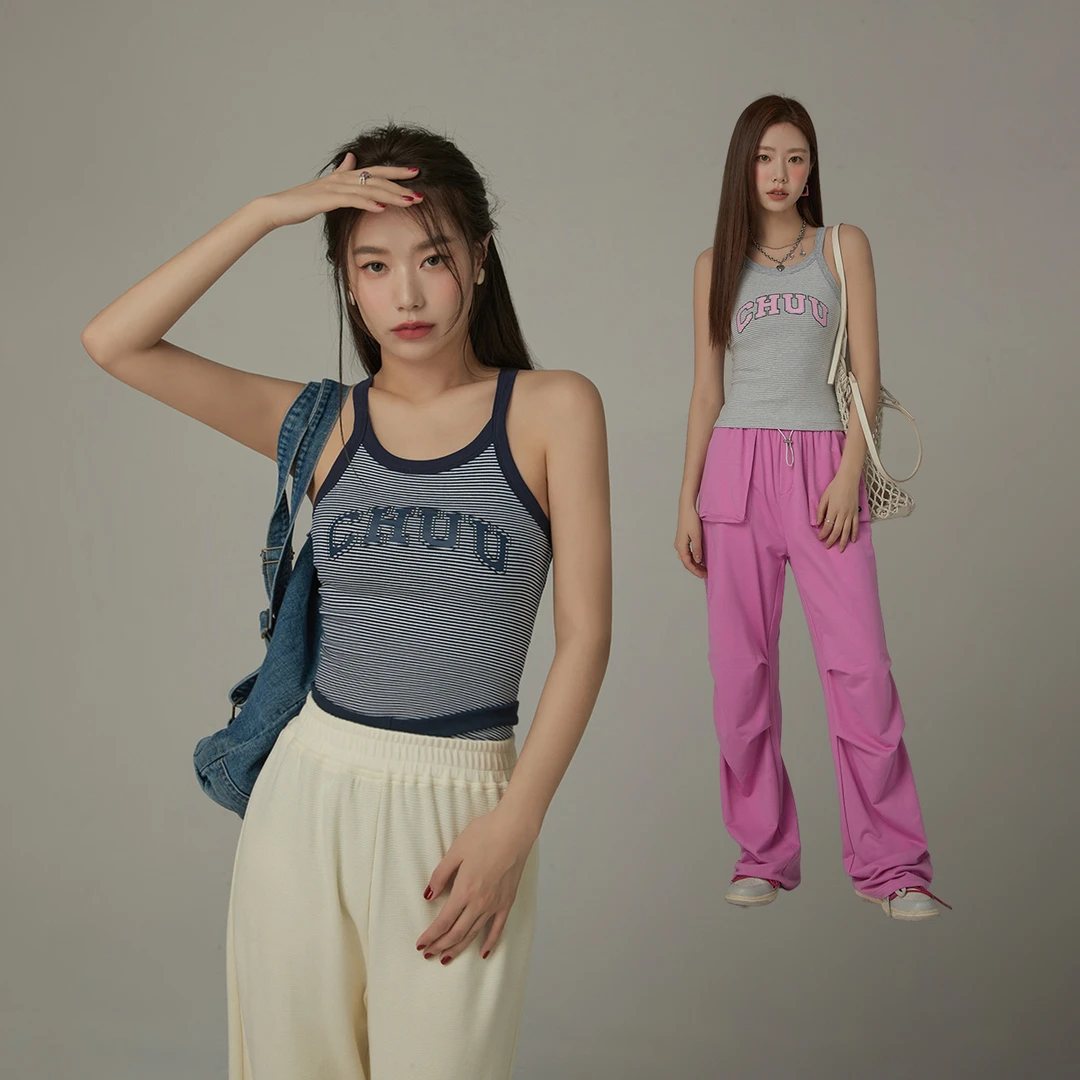 0014【金拐子专属】CHUU修身弹力字母印花条纹背心吊带-F