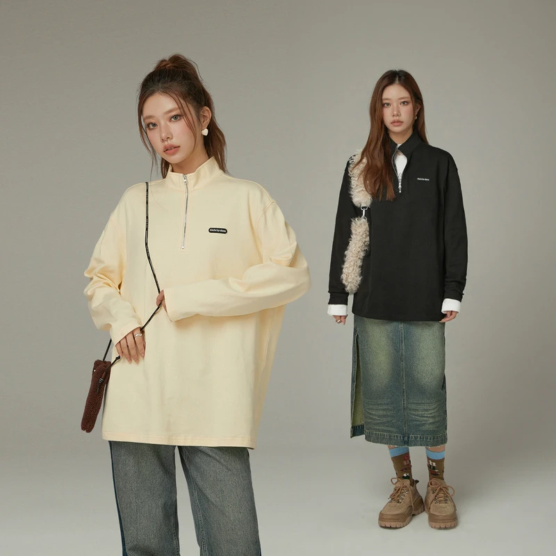 J004【金拐子专属】CHUU竖领半拉链设计休闲韩系T恤衫-F