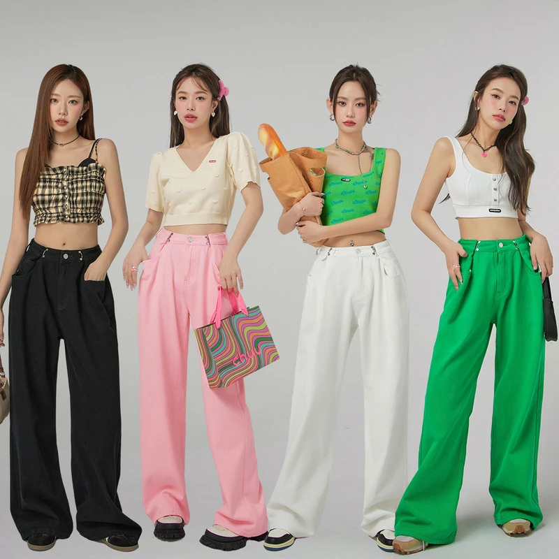 0008【金拐子专属】CHUU阔腿休闲裤小个子可调节高腰拖地长裤-F