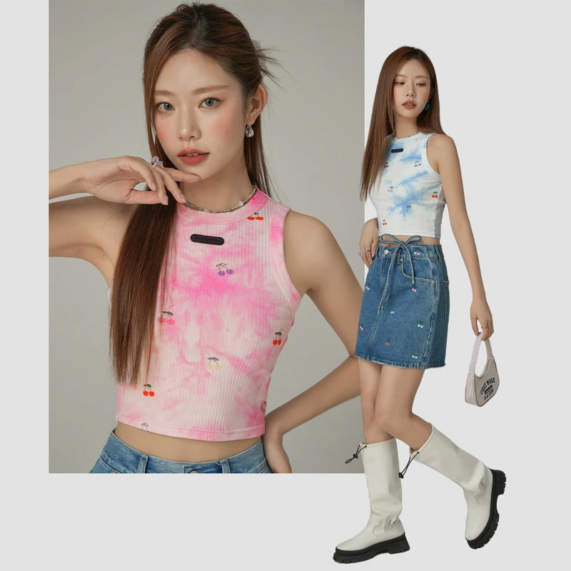 0024【金拐子专属】CHUU小樱桃印花扎染设计无袖背心-F
