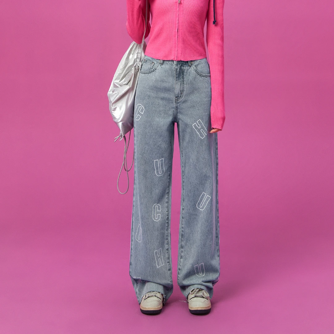 0042【金拐子专属】CHUU字母印花毛边设计高腰复古牛仔裤-F
