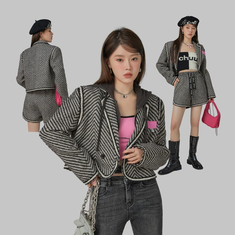 4400【金拐子专属】CHUU时尚黑白条纹宽松气质百搭显瘦呢大衣-F