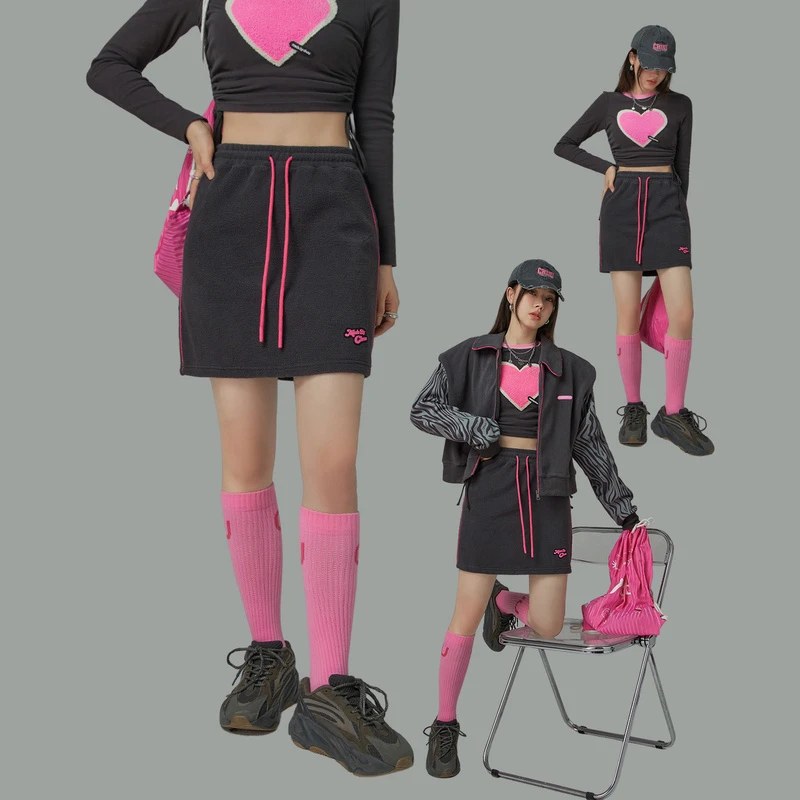 4304【金拐子专属】CHUU潮酷个性短裙子女贴标抽绳半身裙-F