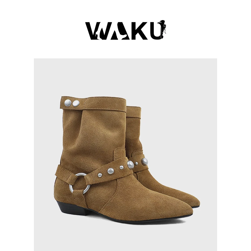 复古尖头废土风显高百搭休闲铆钉堆堆靴短靴