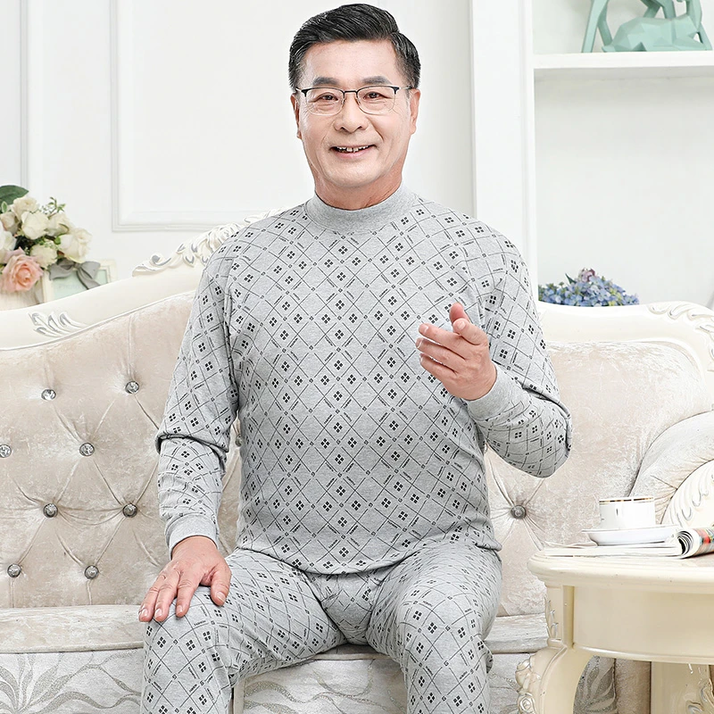 老人秋衣秋裤打底棉毛衫中老年人男士纯棉保暖内衣套装中高领大码