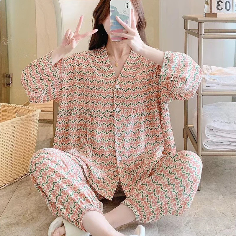 春秋款妈妈长袖人造棉家居服夏季薄款大码绵绸开衫套装棉绸睡衣女