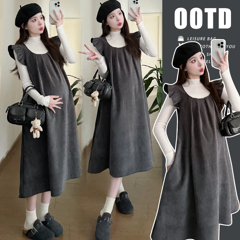 孕妇装秋季套装2025时尚洋气宽松小飞袖背心裙+针织打底衫两件套