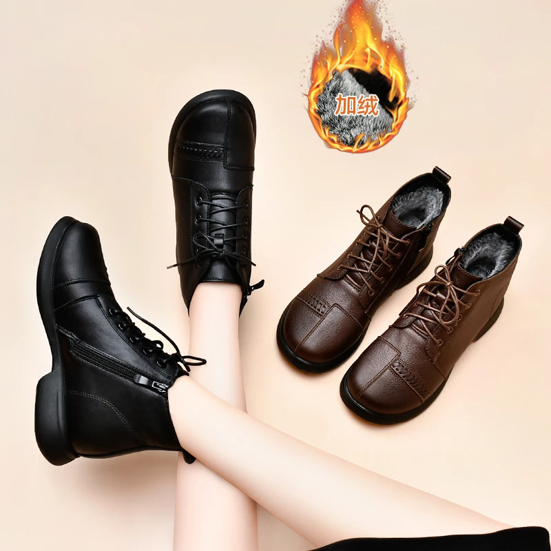 冬季加绒马丁靴女2023年新款复古妈妈鞋棉鞋中老年防滑棉靴子短靴