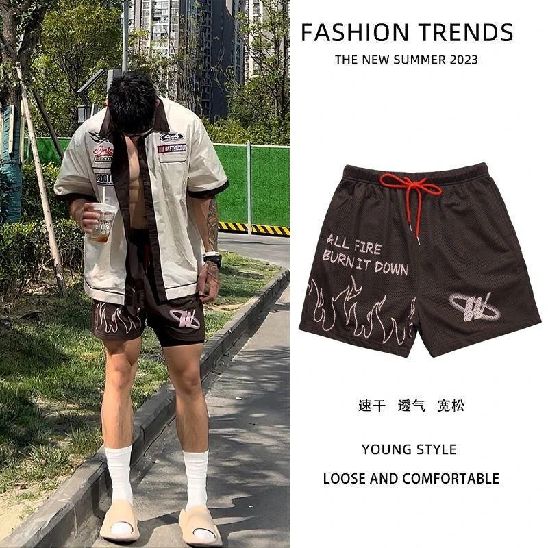 美式运动休闲复古廓形透气冰丝网眼速干夏季短裤篮球宽松四分裤男