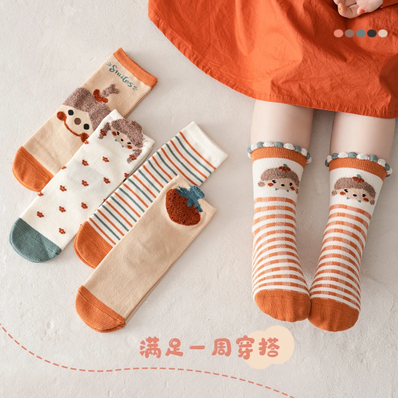 女童袜子春秋薄款棉袜儿童中筒袜宝宝卡通小女孩秋季公主花边袜子