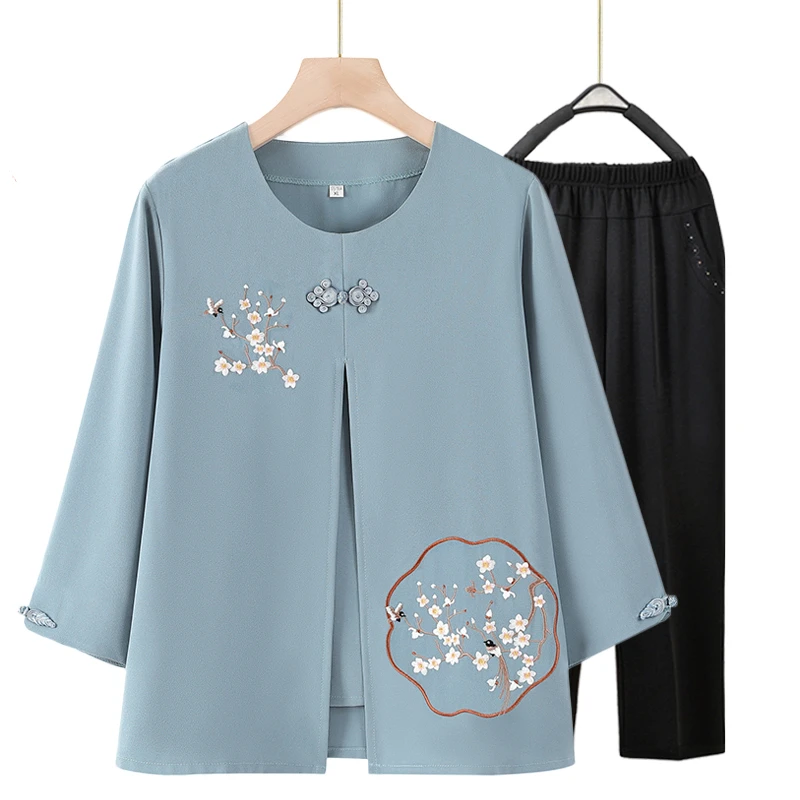 妈妈夏装七分袖雪纺假两件衬衫中老年人女短袖T恤上衣奶奶装衣服