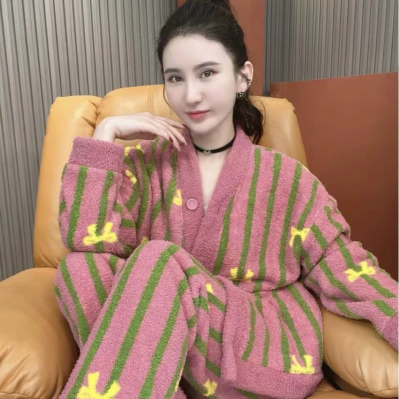 秋冬季新款睡衣加密V领竖条保暖百搭家居服时尚套装韩版女小香风