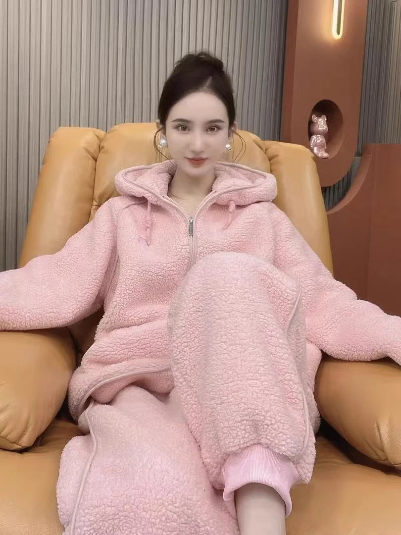 女款同款冬季新款冬款加绒加厚连帽北羔绒百搭家居服时尚套装外穿