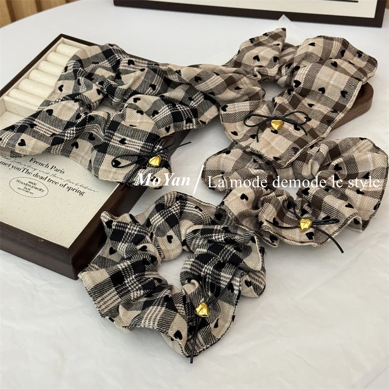 学院风森系格纹气质大肠发圈甜美蝴蝶结头绳女低马尾发绳韩版头花