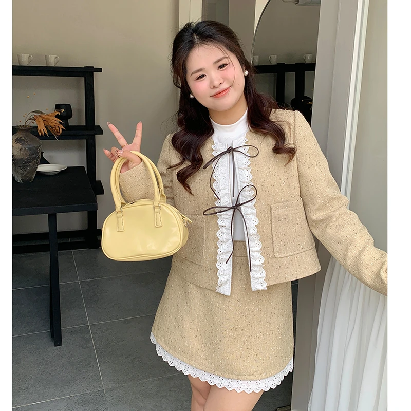 现货【松露少女】大头婷微胖定制小香风系带长袖外套高腰半身短裙