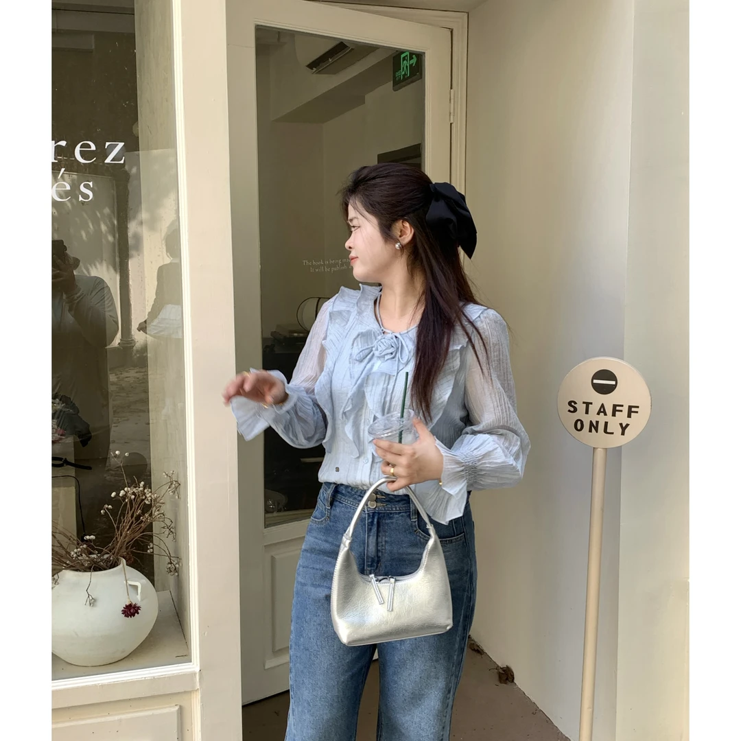 【青苍】【樱梨市集】大头婷微胖定制秋季法式气质荷叶边立体花朵衬衫