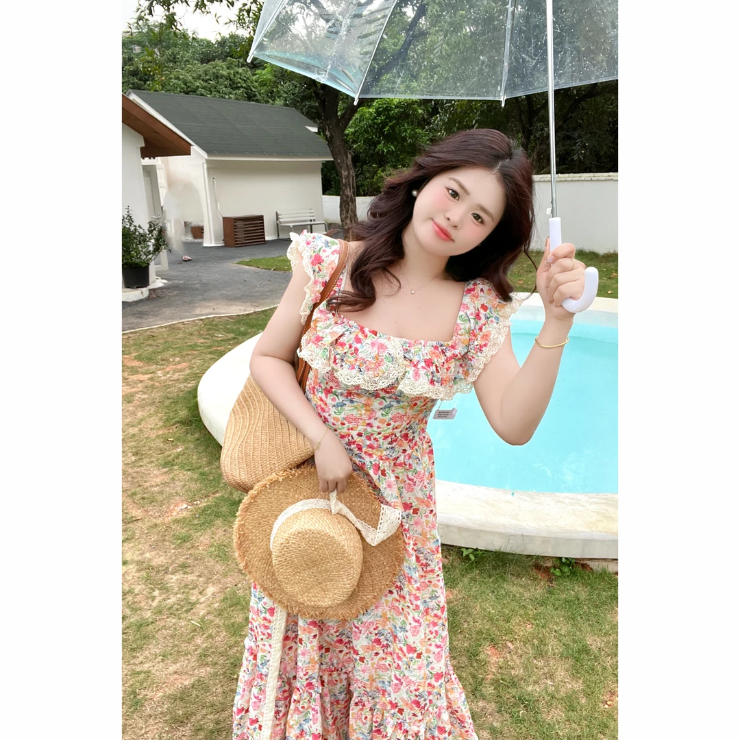 【青苍】大头婷微胖定制夏季连衣裙碎花方领蕾丝边一字领长裙