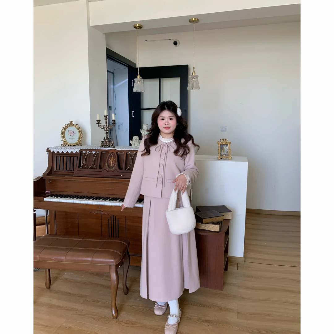 青苍【甜法少女】大头婷微胖定制蝴蝶结夹棉呢子外套高腰半身裙套装