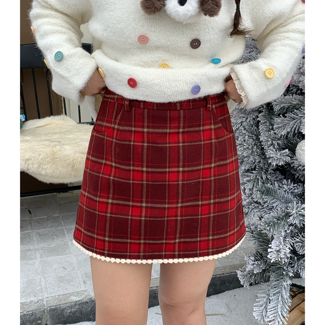 青苍【红色魔法】大头婷微胖定制秋冬高腰A字裙格纹半身裙短裙