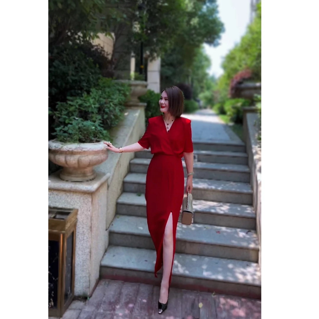 优尚美原创中袖V领前开叉礼服款连衣裙显瘦显瘦显瘦气质时尚