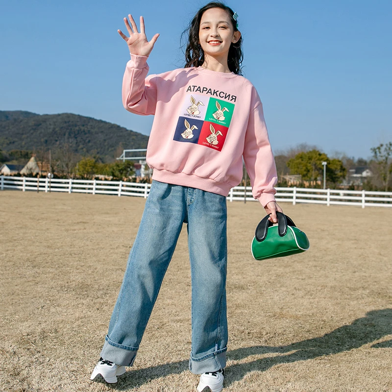 女童秋季新款2025中大童卫衣印花圆领长袖儿童春秋韩版休闲上衣潮