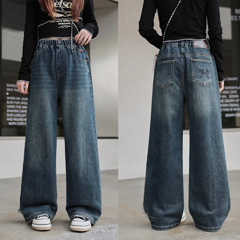 女童牛仔裤早秋2024新款秋季童装裤子学生中大童宽松直筒阔腿裤潮