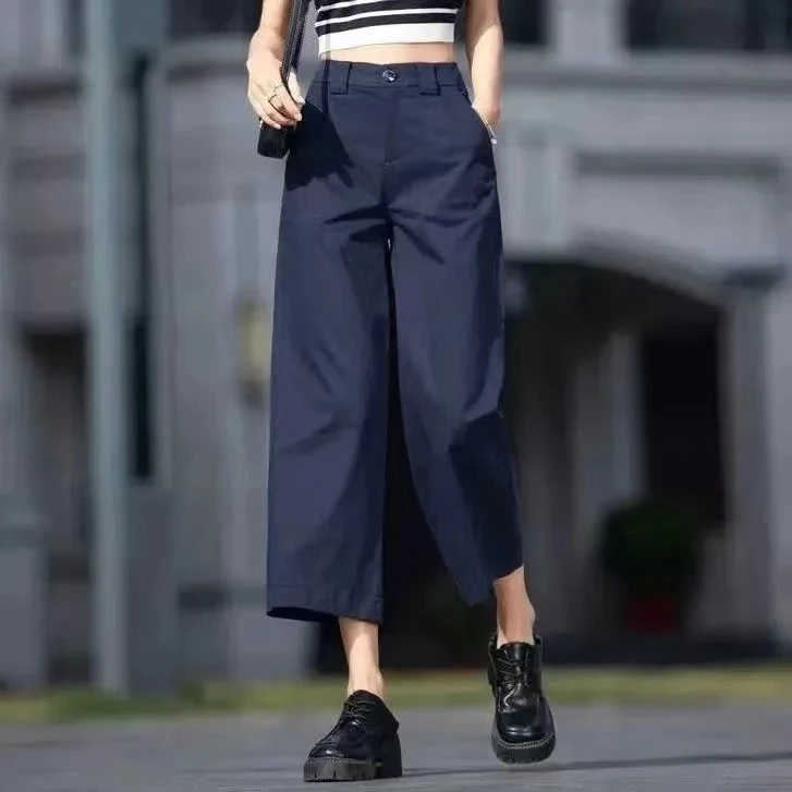 纯棉九分裤子女夏季2024新款薄款小个子大码高腰直筒阔腿休闲裤