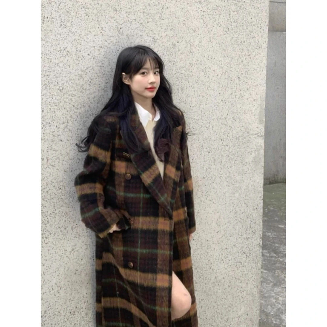 格子毛呢外套女2024秋冬新款美拉德韩系赫本风气质加厚呢子大衣潮