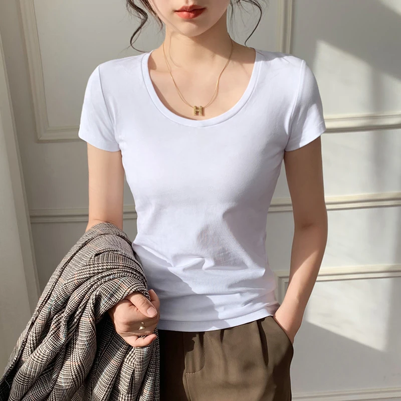 白色短袖T恤女修身正肩显瘦打底衫内搭2023夏季新款纯色半袖上衣