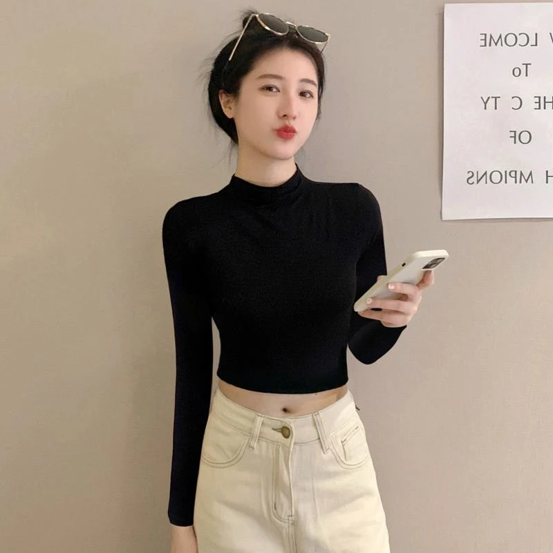 黑色短款长袖打底衫女半高领紧身露脐上衣高档中领高腰小个子内搭