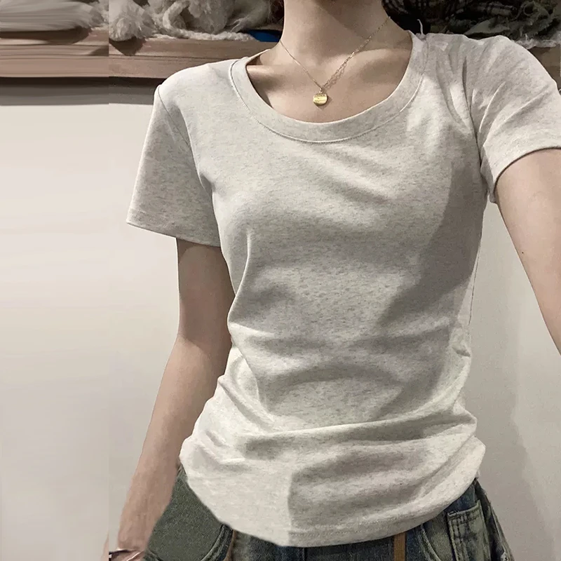 美式复古短袖正肩t恤女夏季显瘦修身辣妹短款紧身上衣设计感小众