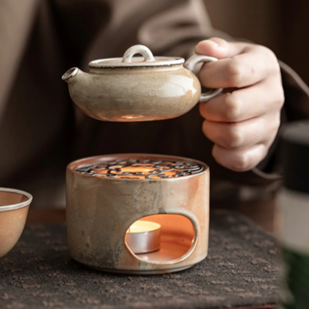 柴烧蜡烛温茶器禅意茶壶公道杯保温暖茶器加热底座志野烧自然落灰