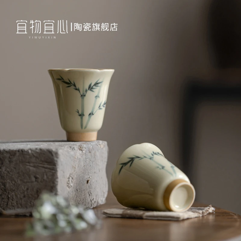 复古手绘功夫瓷竹韵主人茶杯单个品茗杯喝茶个人专用闻香杯茶器