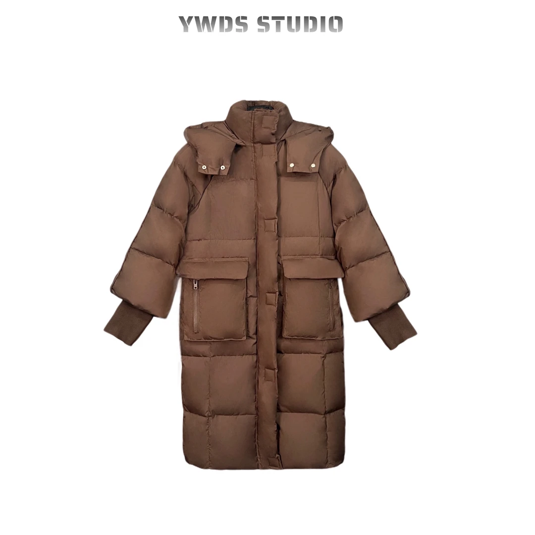 24冬新款白鸭绒长款韩版羽绒服大被子大口袋连帽加厚保暖充绒300g