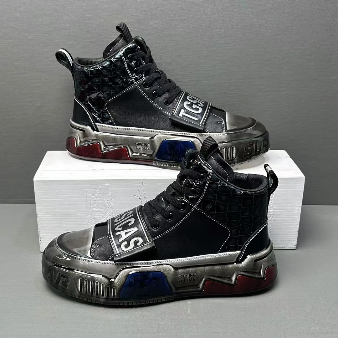 头层牛皮欧洲站潮牌男鞋秋冬季新款高帮淋胶厚底休闲真皮马丁靴