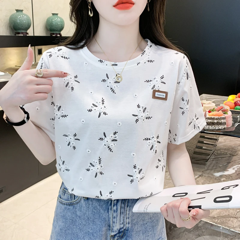 正肩t恤女士短袖体恤宽松显瘦半袖女装2025新款时髦印花夏装上衣