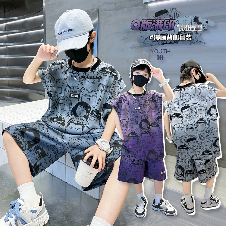 2024夏季新款男中大童宽松洋气时尚宽松百搭无袖套装/KK4359