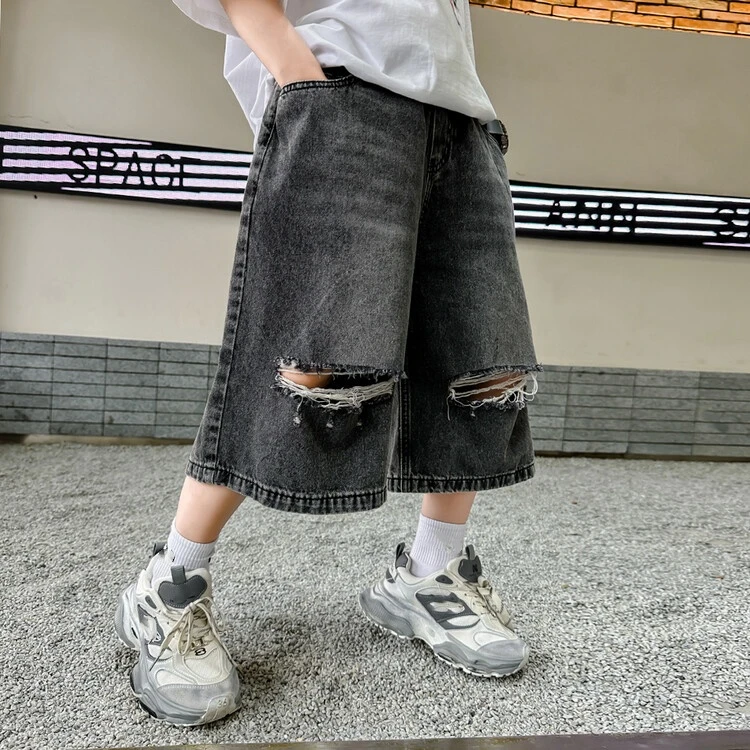 2024N夏中大童装男童百搭洋气潮流时尚破洞牛仔短裤/KK4468 L