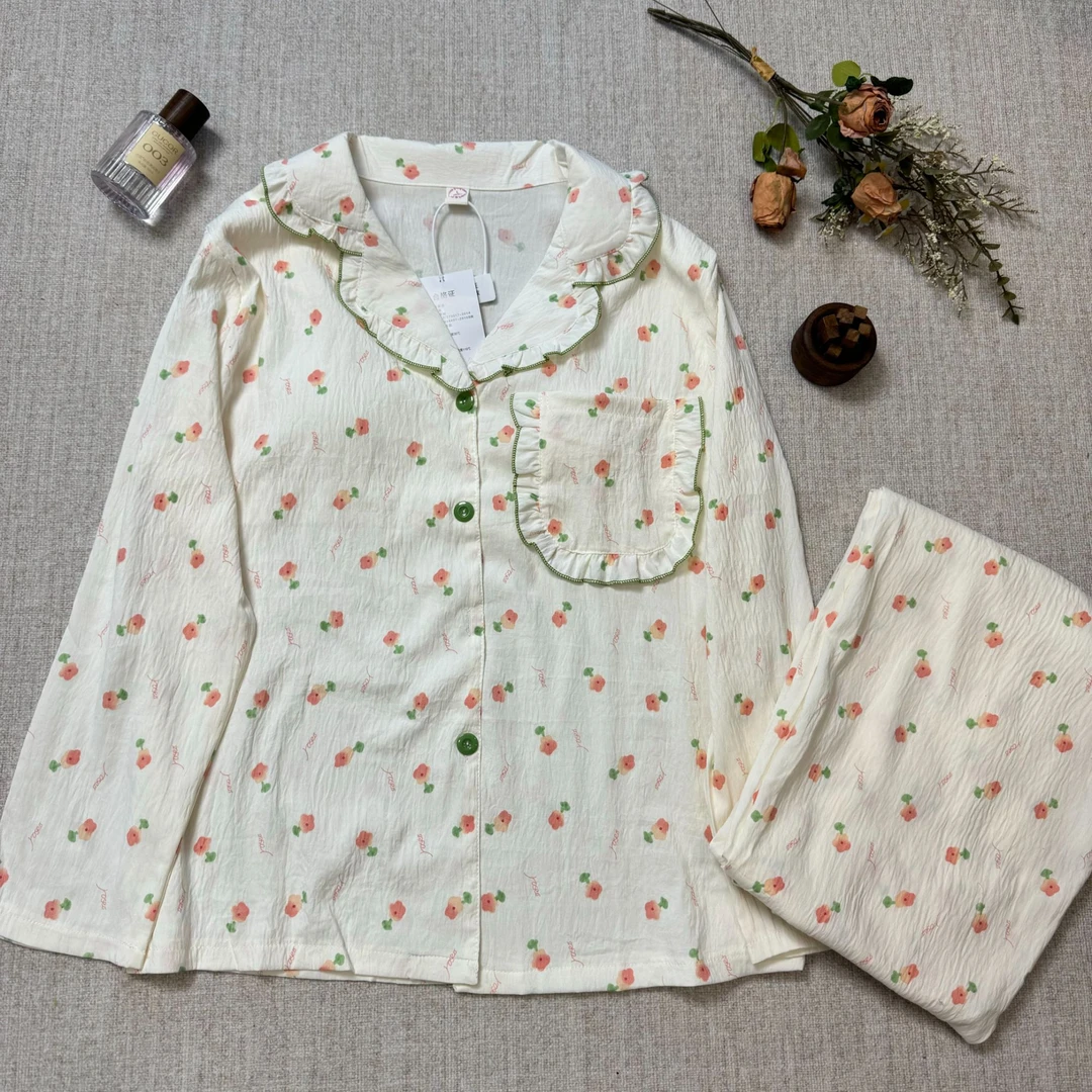 小碎花长袖AA398睡衣女长袖长裤家居服两件套{带胸垫}开衫款