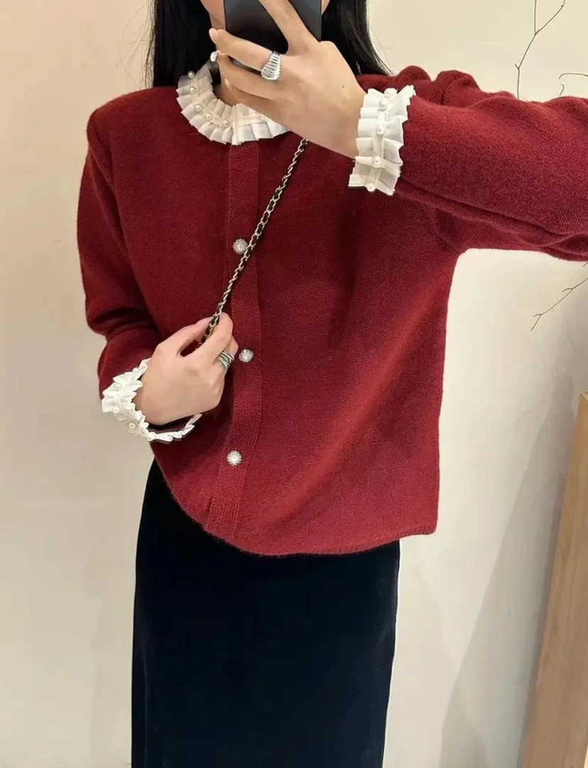 334冬季新款韩版拼接撞色单排扣绵羊毛毛衣