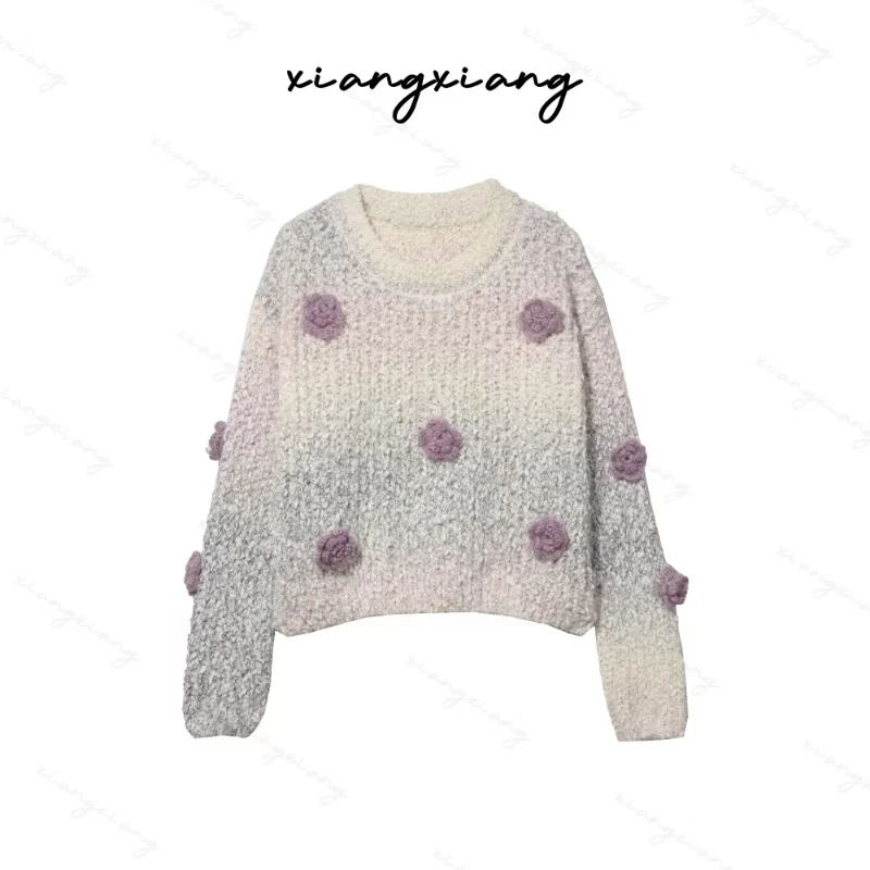 【玫瑰花圆】~永恒紫罗兰~内外百搭~小香风设计感套头毛衣